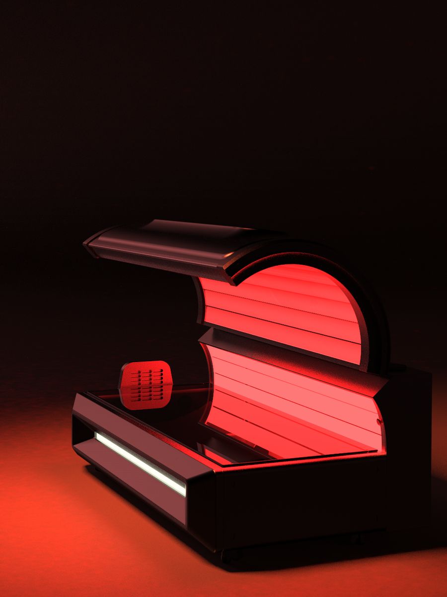 Red Light Pod Pro med locket öppet, rött ljus inuti sängen